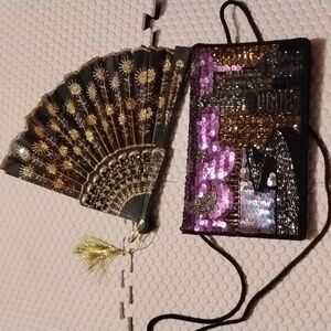 Vintage Sequin Evening Clutch with Fan - Black and Purple